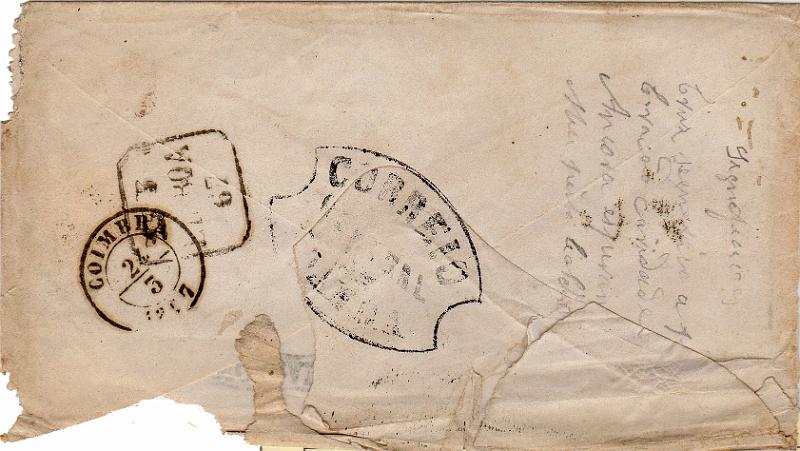 0351 v.jpg -     Lote:    351 (verso)                   Descrição:         Correio Central de Loanda / Franqueada &mdash; A preto, em sobrescrito circulado de Luanda para Coimbra (24.03.1867) com trânsito por Lisboa (23.07.67) com porte pago. Carimbo "FRANCA" batido a sépia. Sobrescrito com defeitos, mas marca muito rara.        Carta       Valor Base:     &euro; 500,00     Valor Venda:     &euro;      
